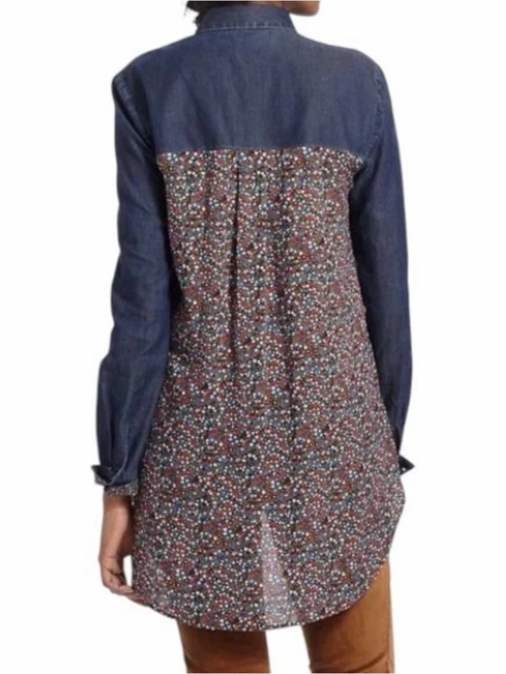 Anthropologie Floral Western Top Womens Large Chambray Denim Blouse